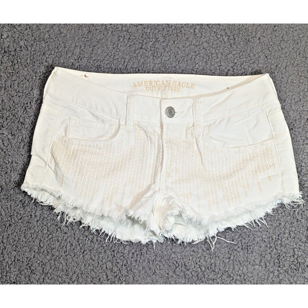 American Eagle Shorts Womens 4 White Sequin Cutoff Stretch Denim Festival